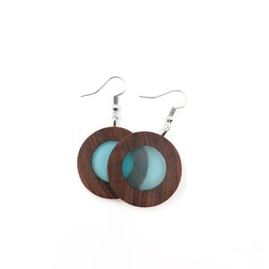 Round dangle earrings from olive wood and cyan transparent resin window ID:E-H0033R
