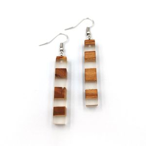 Dangle bar earrings with transparent resin and olive wood stripes ID:E-H0013